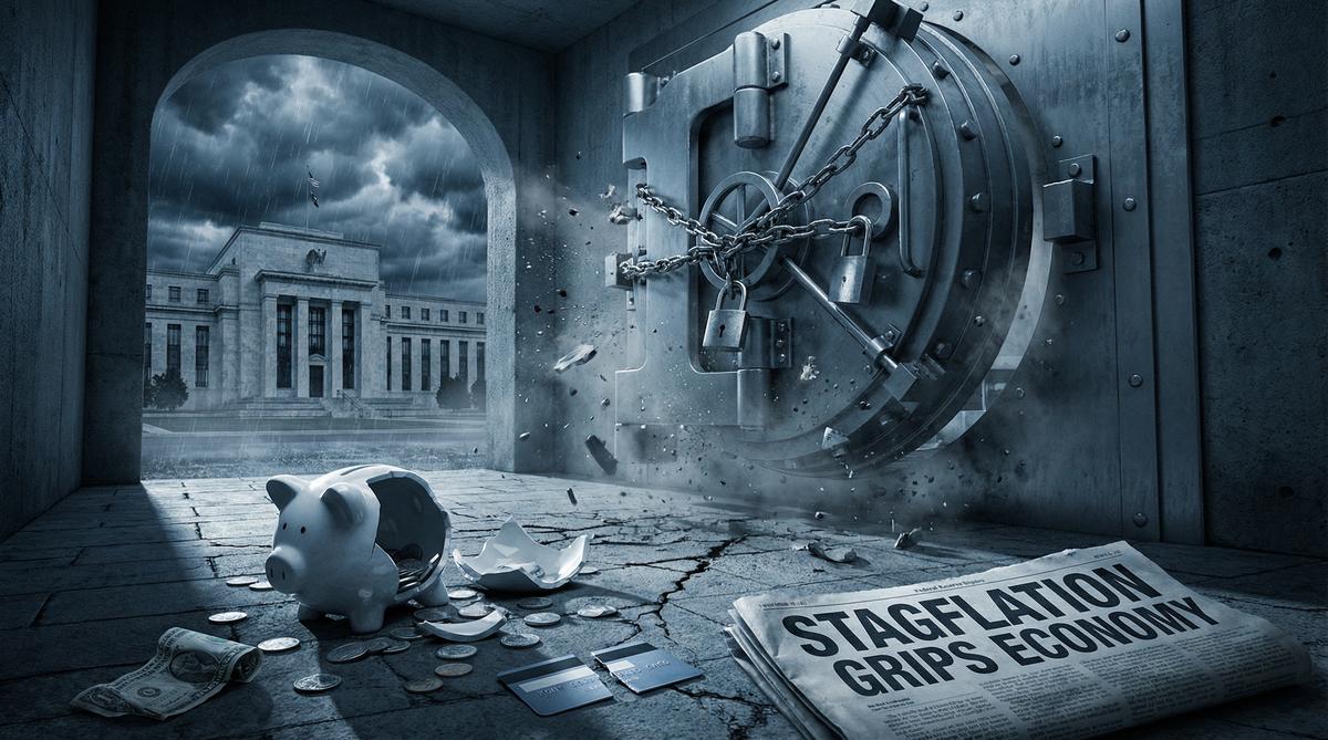 Bank vault locked with chains — stagflation grips economy newspaper