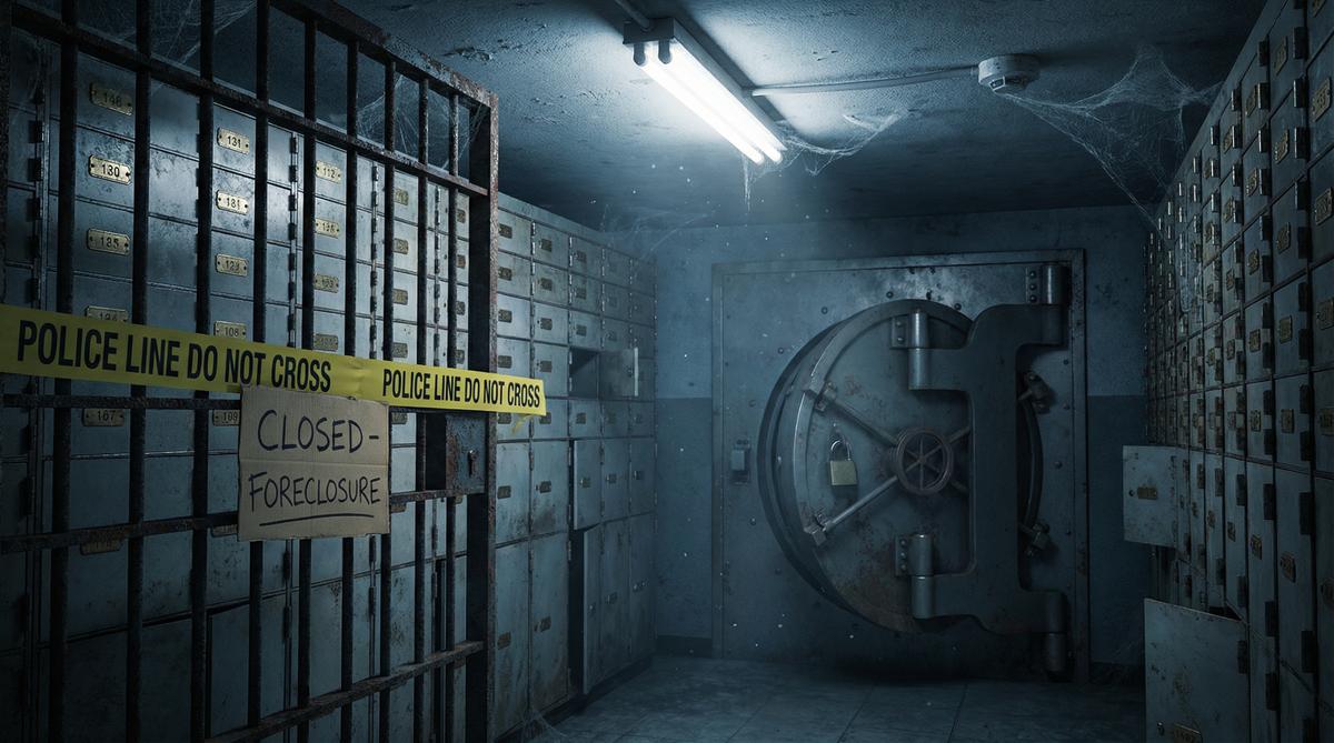 Abandoned bank safe deposit box room with police tape - counterparty risk of bank storage