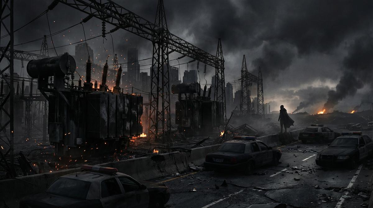 Destroyed power substation after EMP attack — grid failure