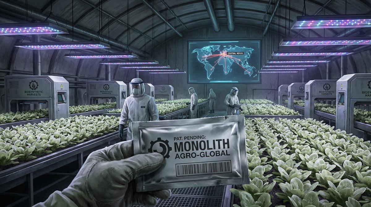 Corporate agricultural facility representing the seed monopoly and supply chain fragility