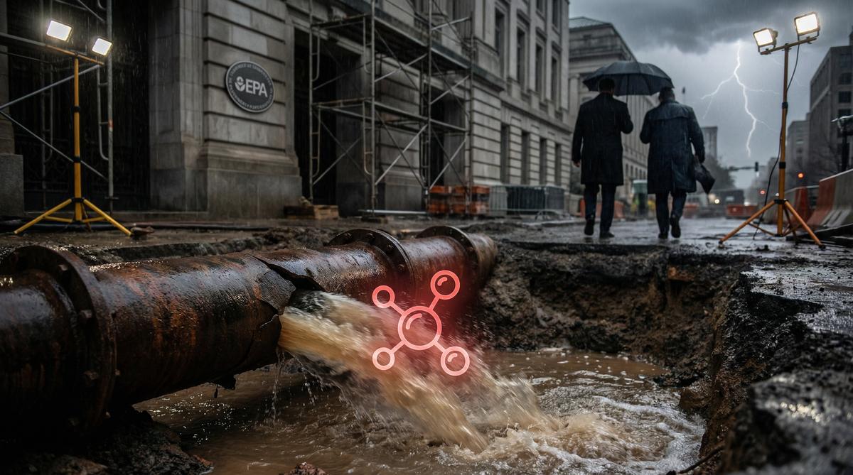Cracked municipal water pipe leaking contaminated water with EPA building in background