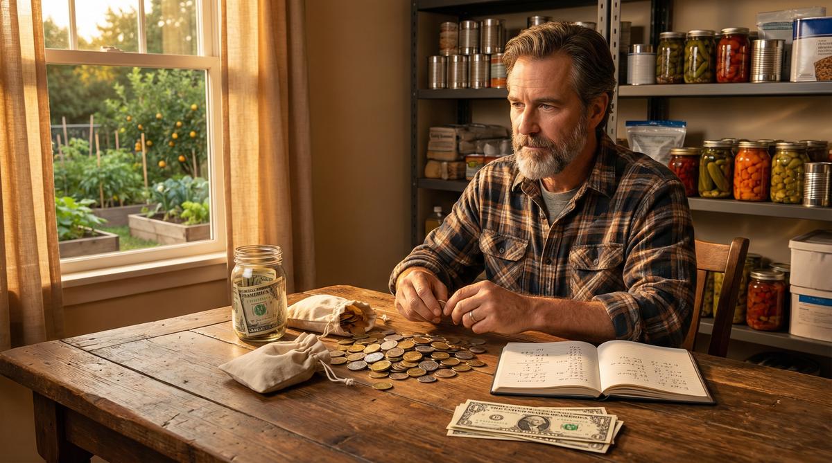 Man organizing gold coins and emergency supplies at wooden table