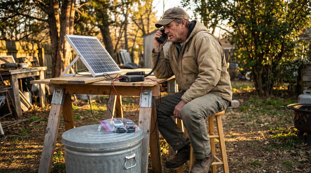 Prepared man using ham radio with solar panel and Faraday cage in rural backyard