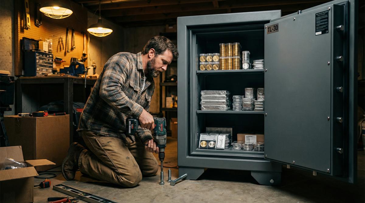 Man installing TL-30 rated home safe with gold coins and silver bars inside