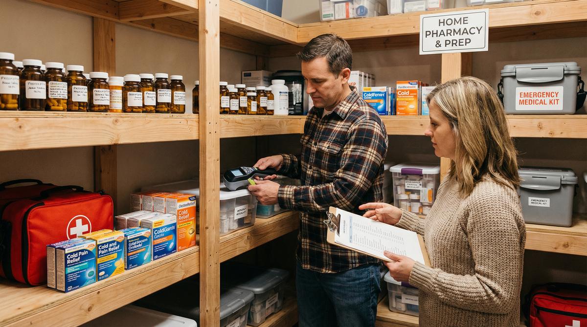 Prepared family organizing comprehensive home medicine stockpile for emergencies