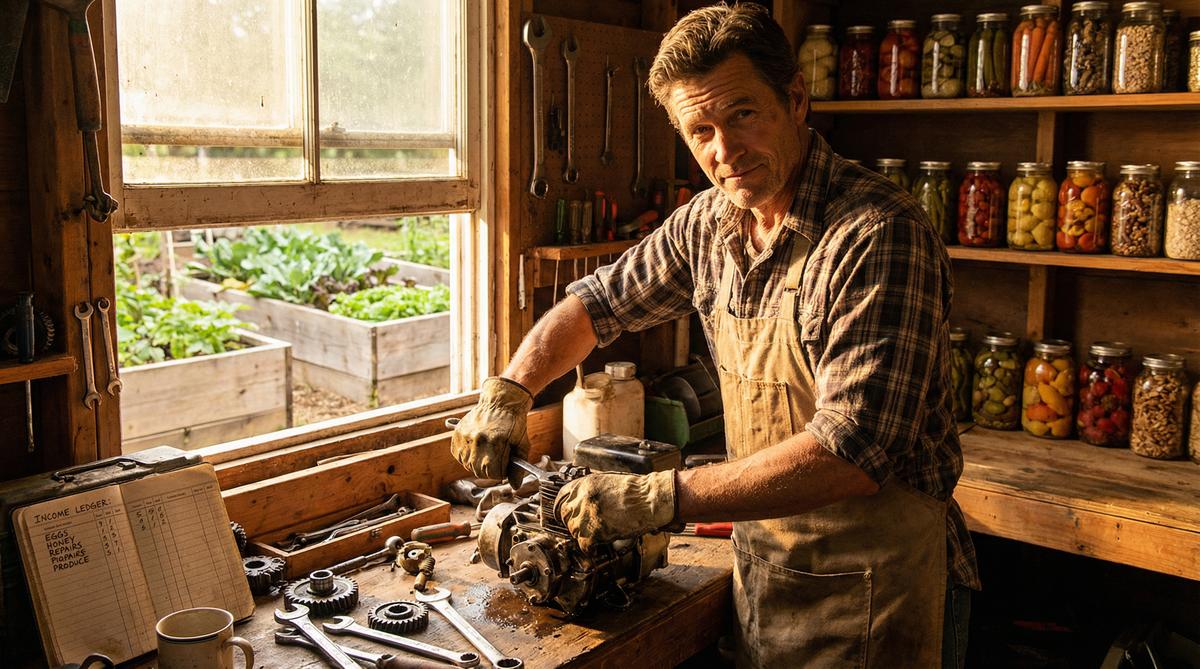 Self-reliant homesteader with multiple income streams in workshop