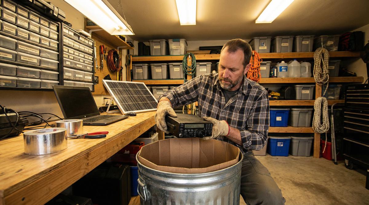Man building DIY Faraday cage in workshop to protect electronics