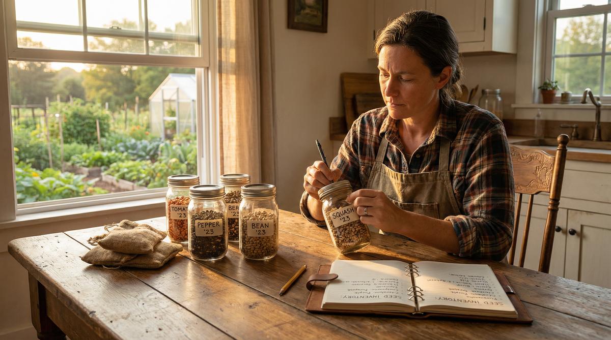 Homesteader labeling heirloom seed jars at a rustic table with garden in background
