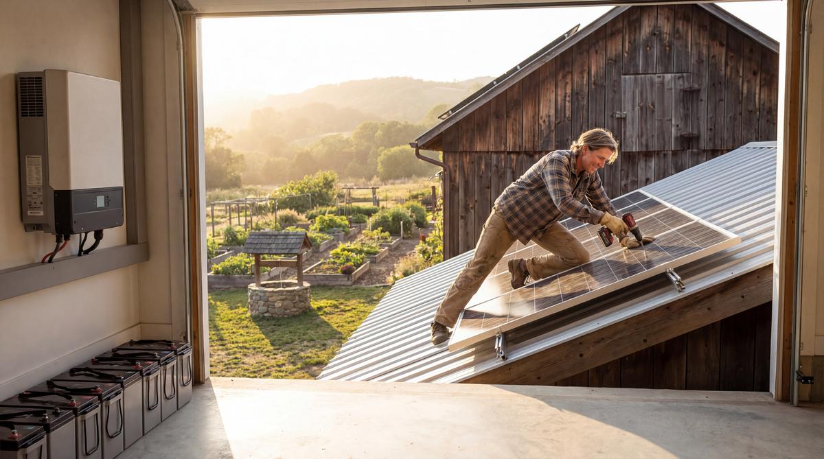 A homesteader installing solar panels on a barn roof with battery bank visible and garden below