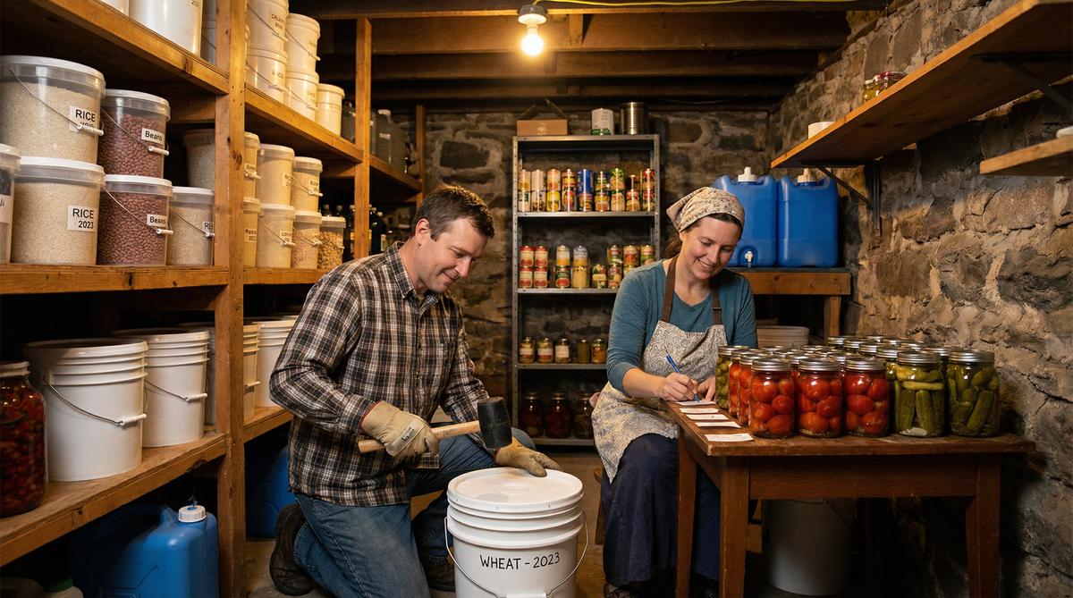 Self-reliant couple building 3-month food stockpile