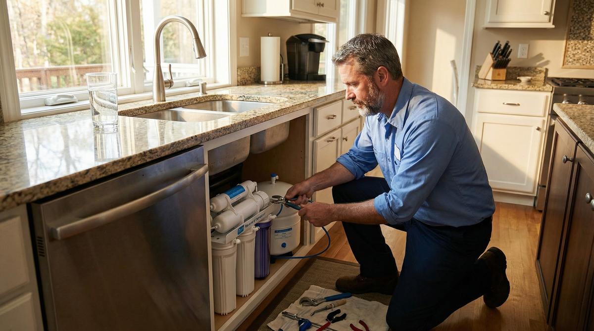 Man installing under-sink reverse osmosis water filtration system