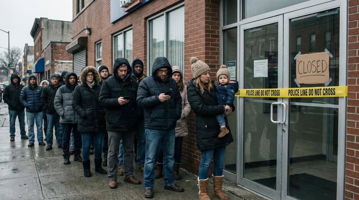 People lined up outside a closed bank branch during a financial crisis