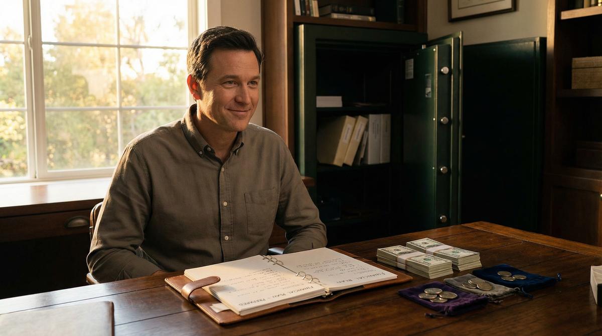 Prepared man at home desk with cash, gold coins, and financial plan notebook, fireproof safe in background