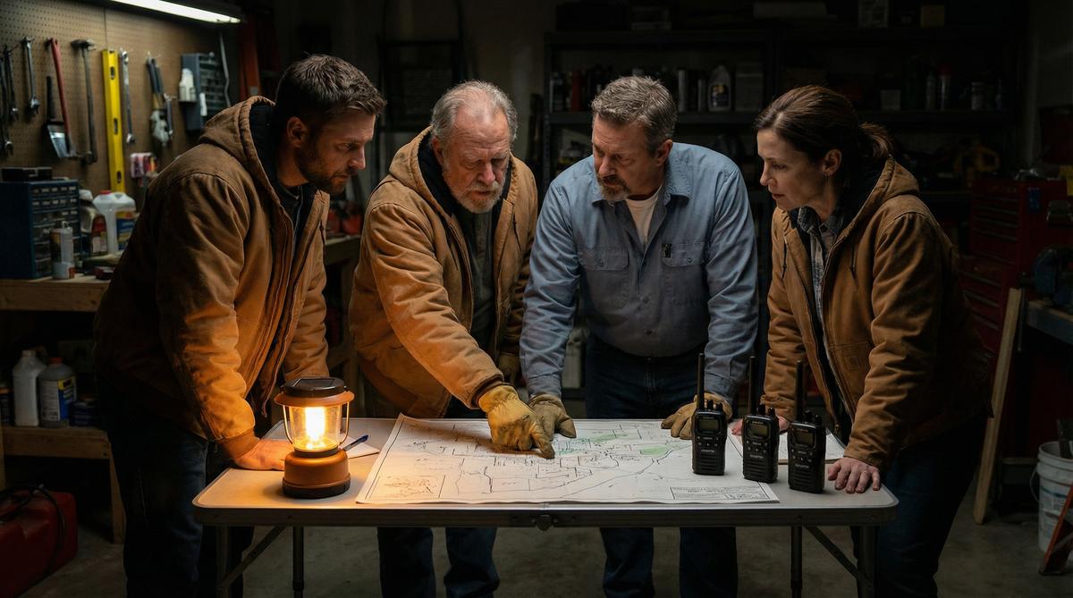 Neighbors planning community defense network with radios and neighborhood map