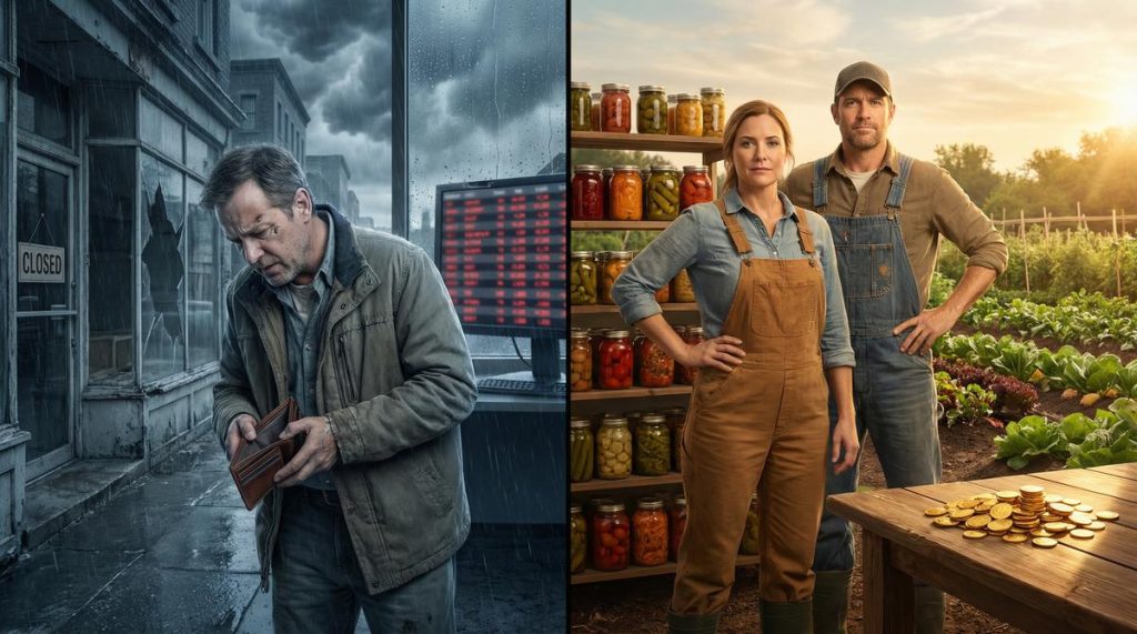Stagflation survival — split scene of economic collapse vs prepared homestead