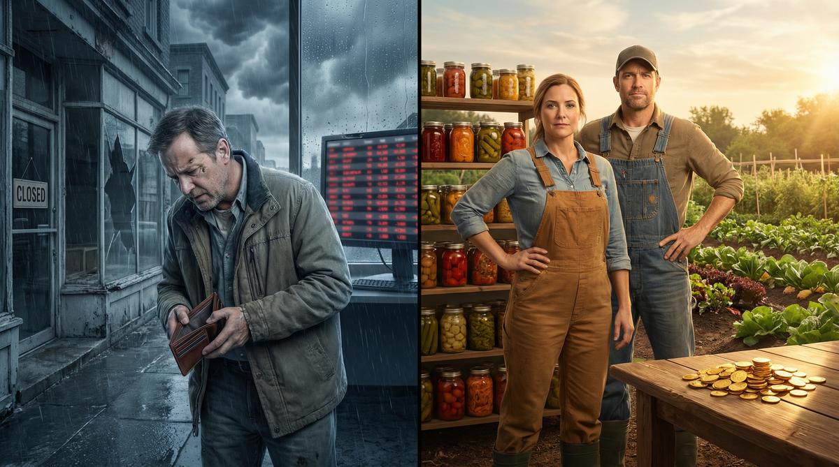 Stagflation survival — split scene of economic collapse vs prepared homestead