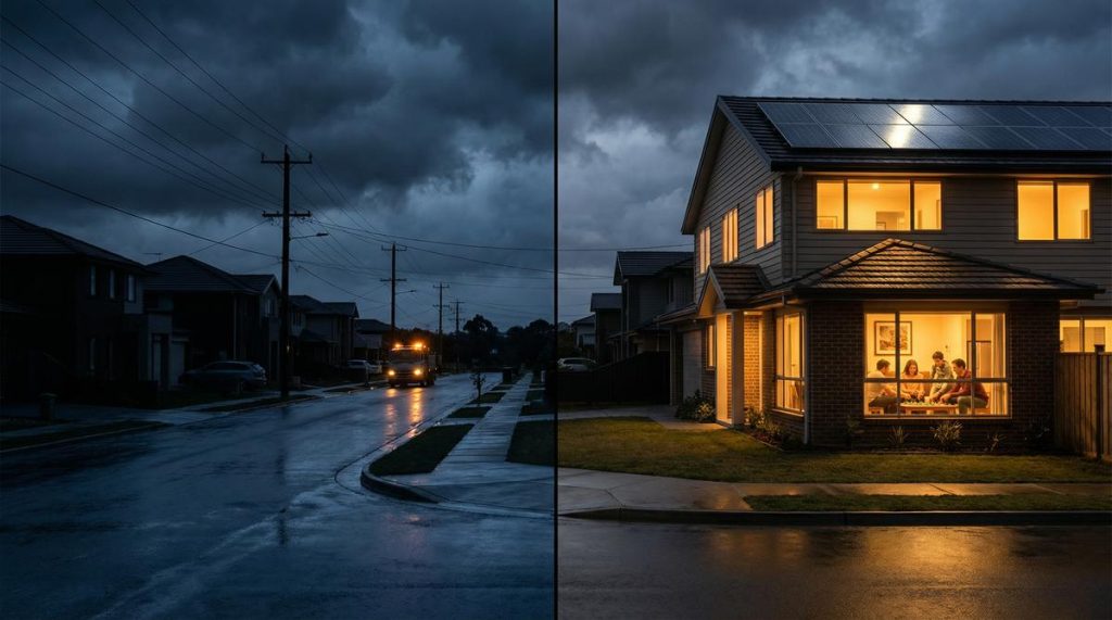 A split-screen showing a dark neighborhood during a power outage vs a solar-powered home glowing warmly