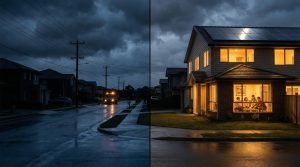 A split-screen showing a dark neighborhood during a power outage vs a solar-powered home glowing warmly