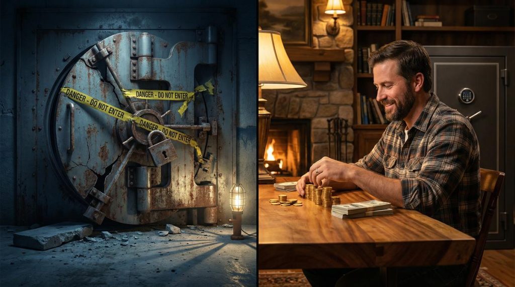 Cracked bank vault on the left, confident man counting gold coins and cash at home on the right