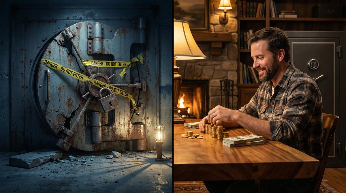 Cracked bank vault on the left, confident man counting gold coins and cash at home on the right
