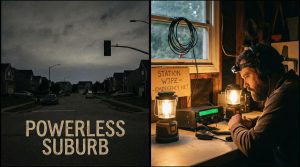 Dark suburban street with no power next to a man operating a ham radio emergency station