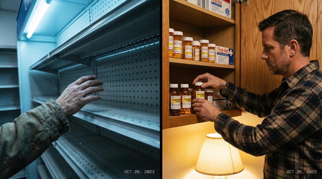 Empty pharmacy shelves vs. well-stocked home medicine cabinet — pharmaceutical independence