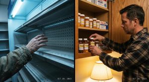 Empty pharmacy shelves vs. well-stocked home medicine cabinet — pharmaceutical independence