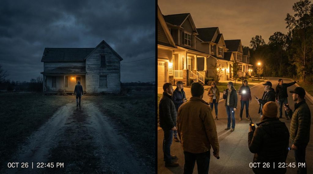 Neighborhood defense network — isolated home vs. organized community vigilance