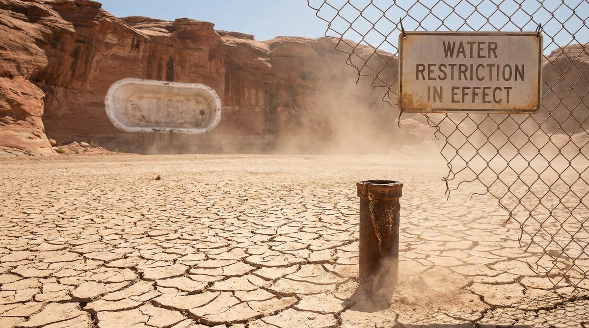 Cracked dry lakebed with water restriction sign — municipal water failure