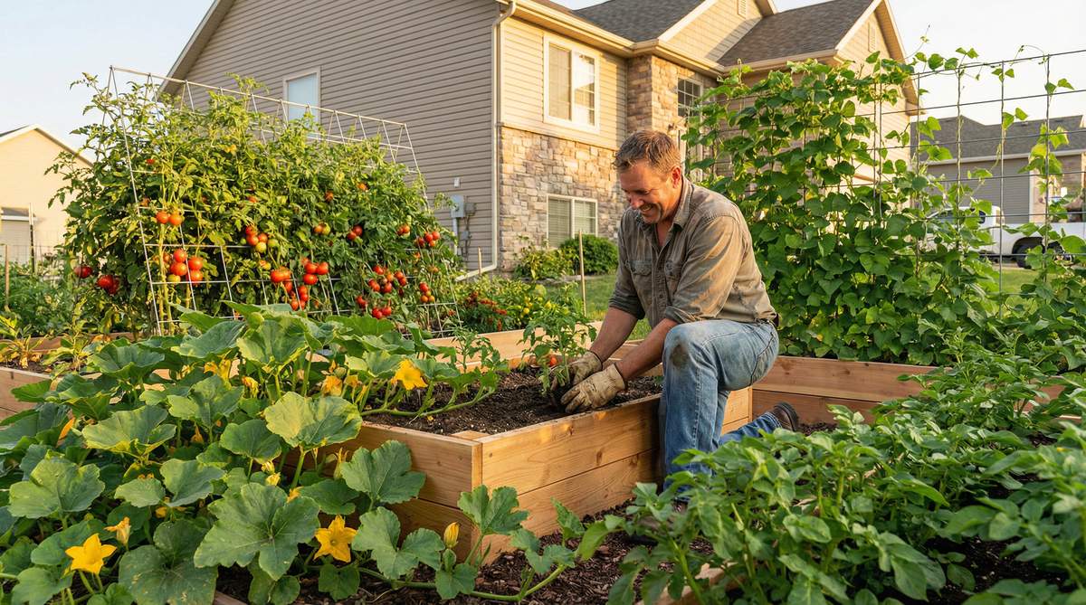Man building productive backyard raised bed garden for food independence