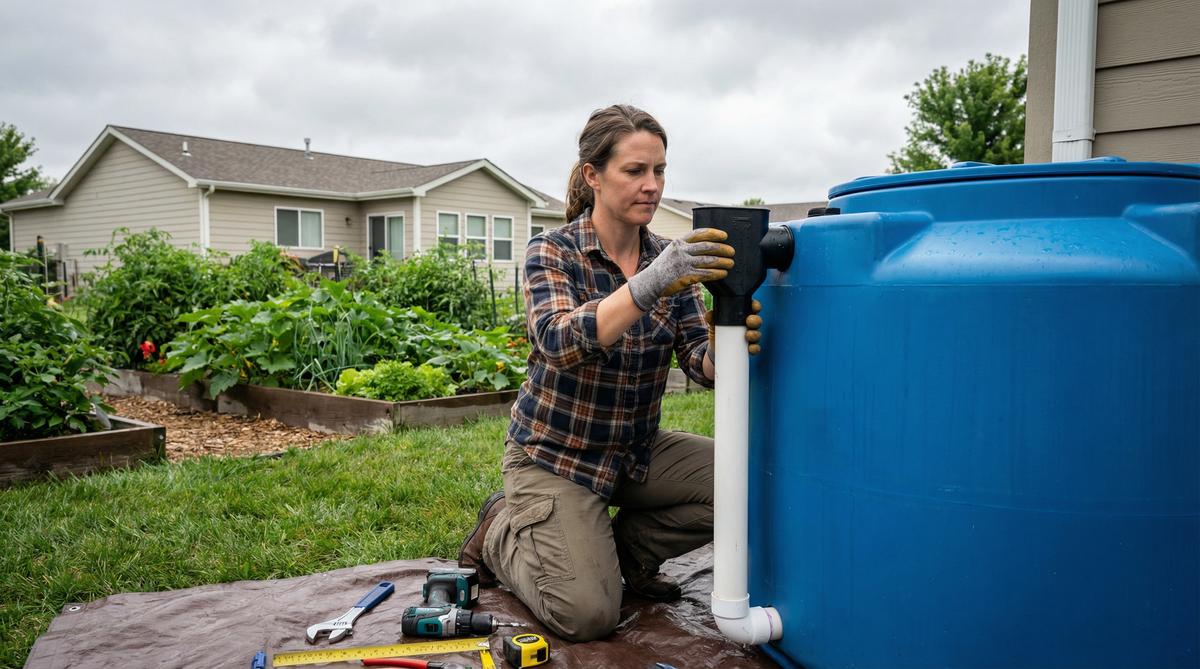 Homesteader woman installing rainwater cistern system in backyard