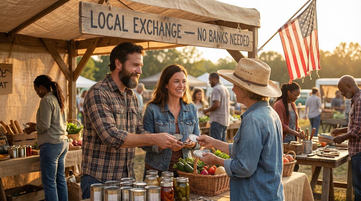 Community barter market trading silver coins for food — local exchange system