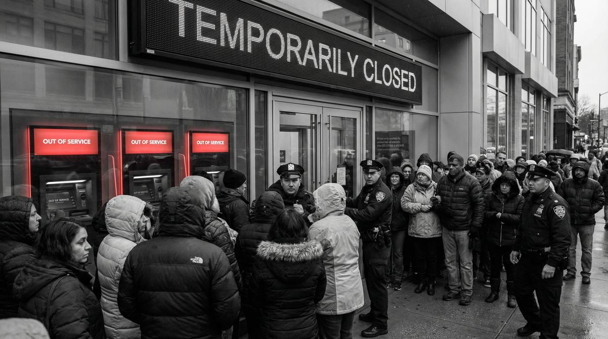 Bank run crowd outside locked bank doors
