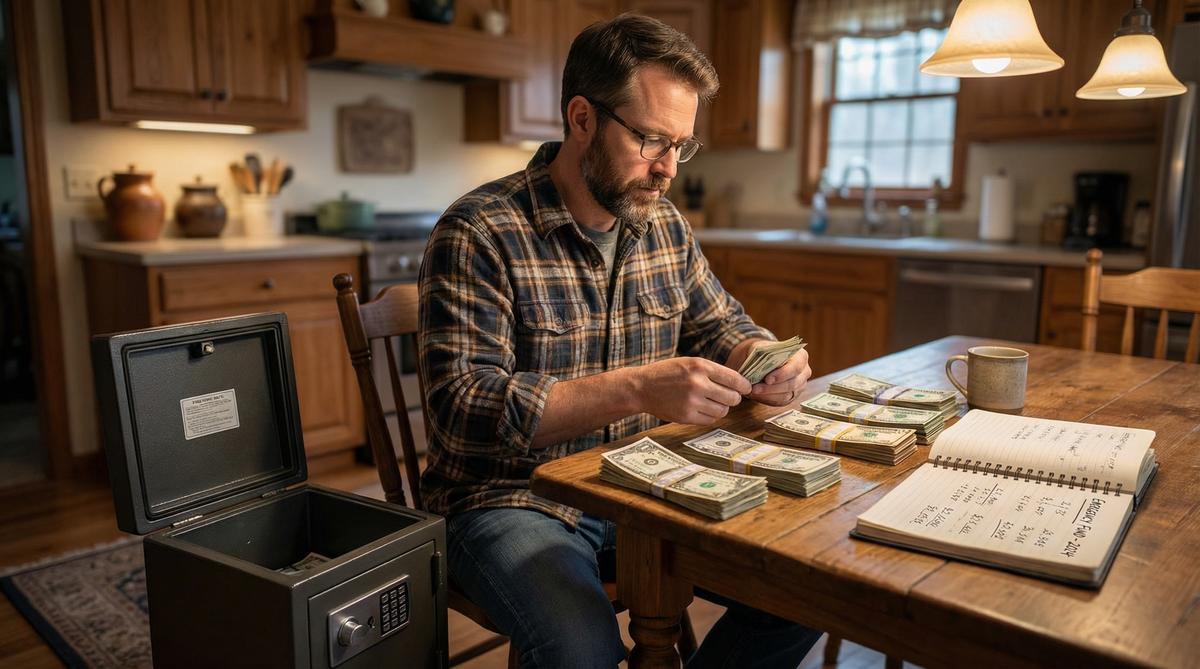 Prepared man organizing cash reserve at home