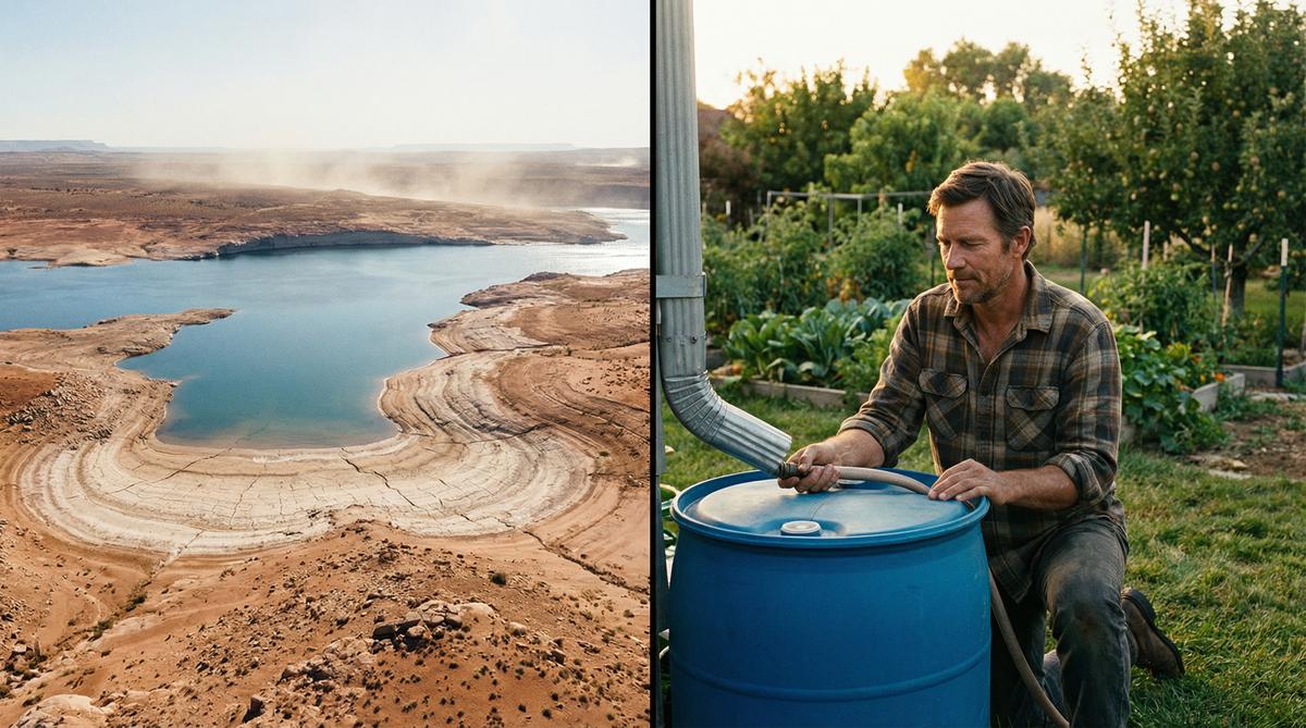 Lake Powell water crisis and rainwater harvesting cistern — water sovereignty guide