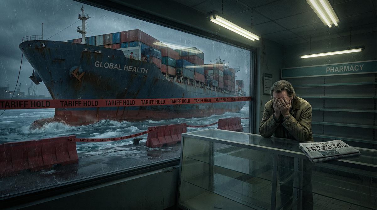 Pharmaceutical supply chain breakdown — cargo ship with tariff hold tape and empty pharmacy counter