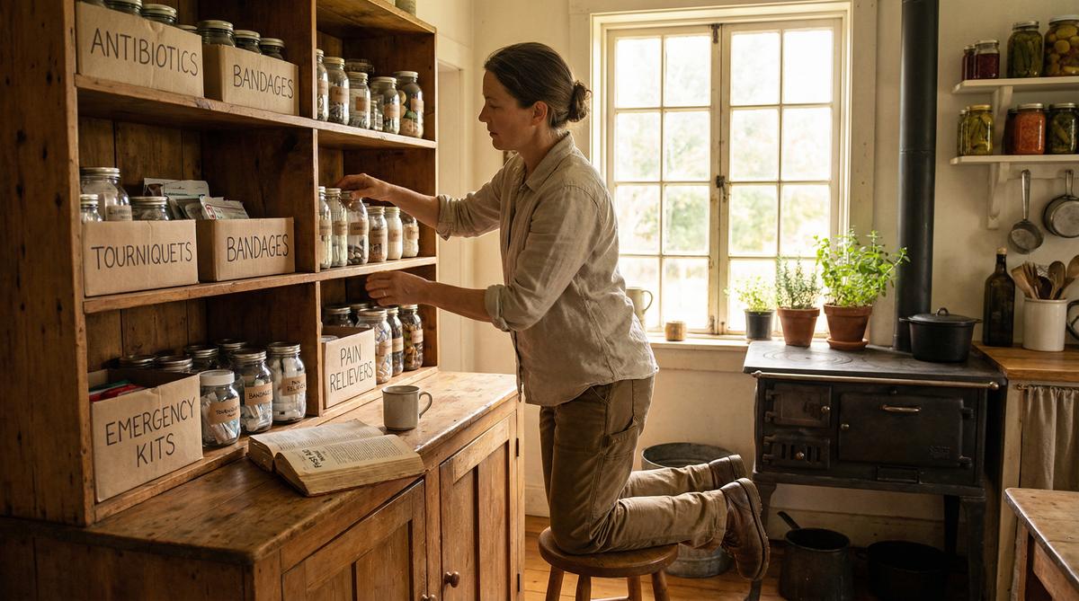 Self-reliant woman organizing off-grid medicine cabinet in homestead kitchen