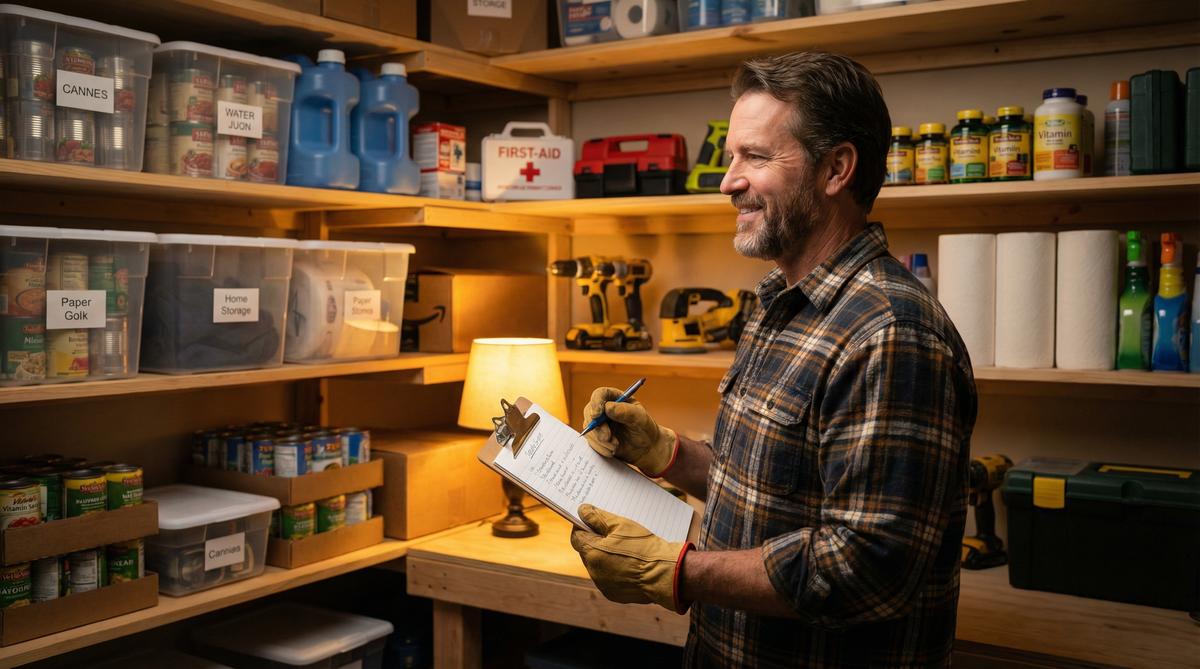 Man confidently checking inventory in fully stocked home storage room
