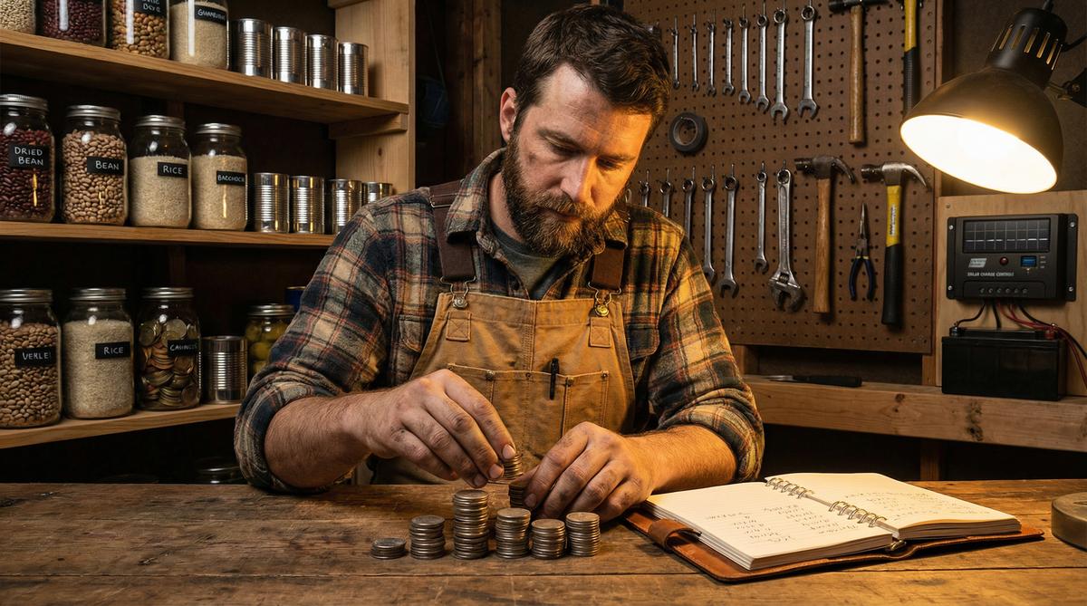 Self-reliant man counting silver coins with food storage and tools — stagflation preparation
