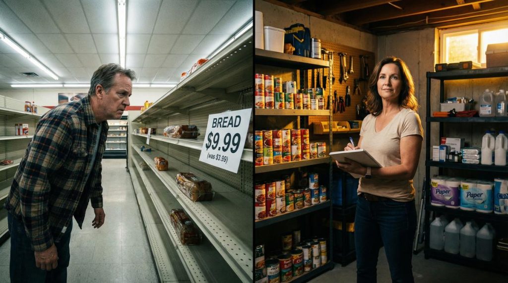 Empty grocery shelves vs. organized home stockpile — tariff preparedness